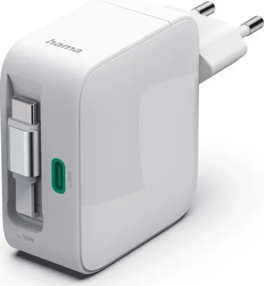 Hama Schnellladegerät GaN ausziehbares Ladekabel PD 30W weiß