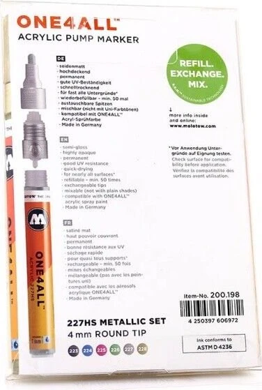 Molotow ONE4ALL 227HS 4mm Acrylmarker Metallic-Set sortiert, 6er-Set, Etui