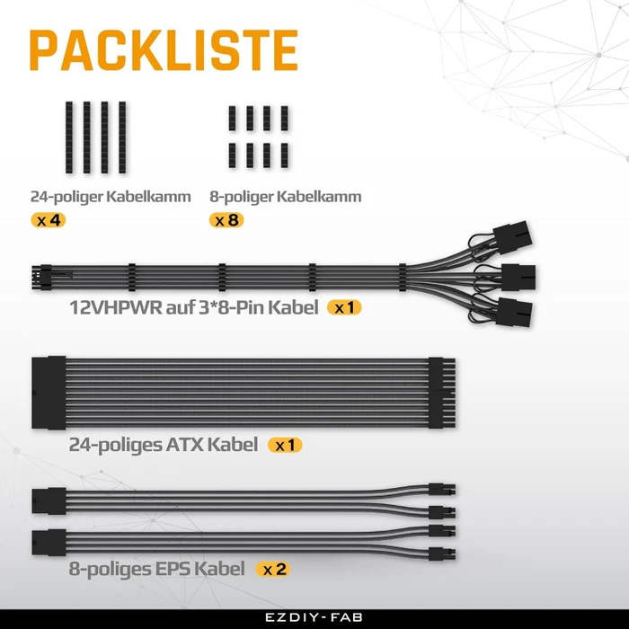 EZDIY-FAB 12VHPWR Cable Kit, 1x 24-Pin, 2x 4/8-Pin ATX, 1x 12VHPWR/3x 8-Pin PCIe, 16AWG, schwarz