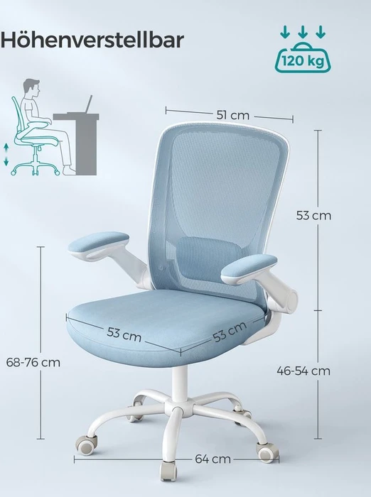 Songmics Bürostuhl ergonomisch mit Amrlehnen, nebelblau