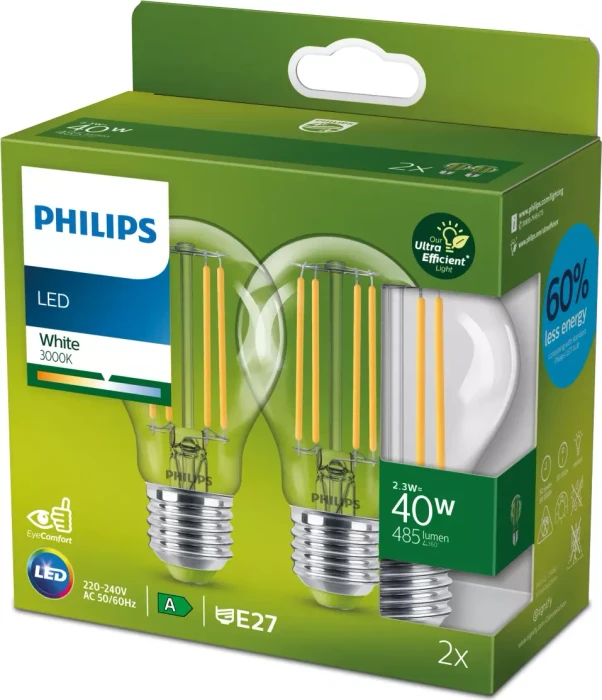 Philips LED CLA 40W A60 E27 CL UE SRT4 2.3W/830, 2 Stück