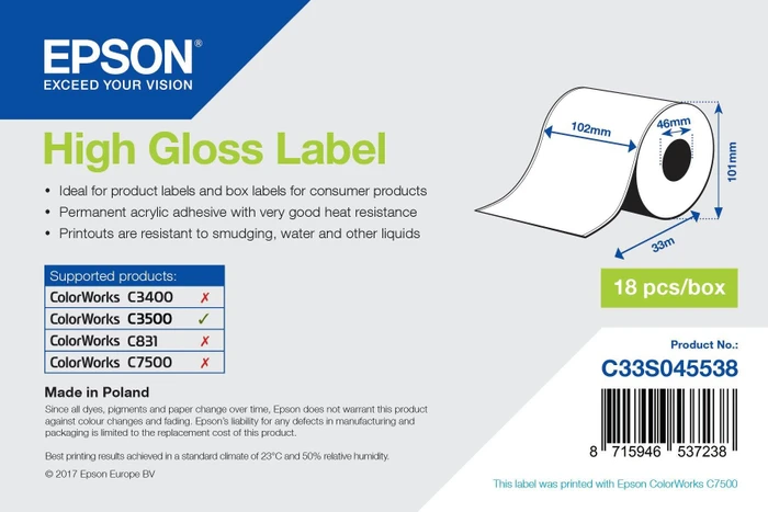Epson Endlosetiketten High Gloss, 102mm, 33m, weiß, hochglänzend, 1 Rolle (1 Etiketten)