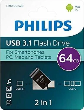 Philips USB-Flashlaufwerk mit Zweifach-Stecker 64GB, USB-A + USB-C, USB 3.2 Gen 1×1