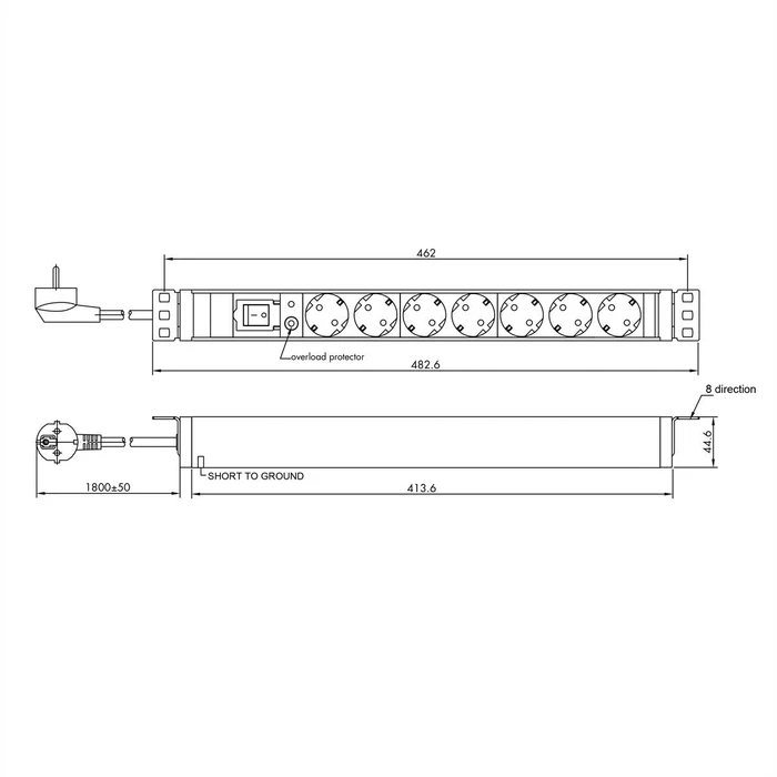 Value 19" Aluminium Steckdosenleiste, mit Schalter und Überlastschutz, 1HE, 7-fach, 250V, schwarz/silber, 1.8m