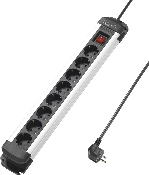 Sygonix Steckdosenleiste mit Schalter, 8-fach, 1.4m, schwarz/silber