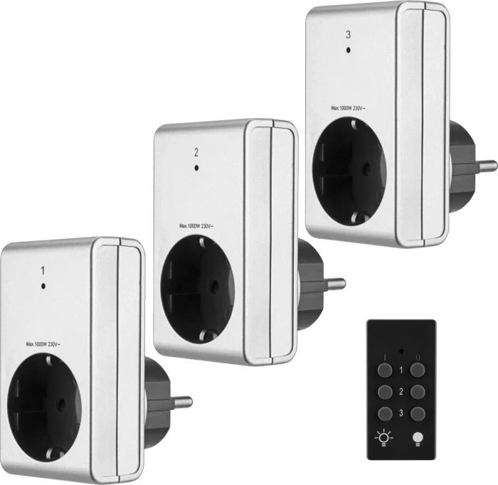REV Funkschalt-Set 3+1 Standard mit Fernbedienung, 1000W, Typ F, Funksteckdose, 3er-Pack