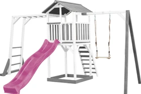 Axi Spielturm Beach Tower mit Klettergerüst, Rutsche und Schaukel weiß/grau/violett