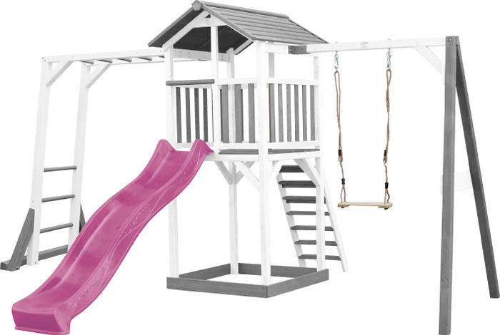 Axi Spielturm Beach Tower mit Klettergerüst, Rutsche und Schaukel weiß/grau/violett