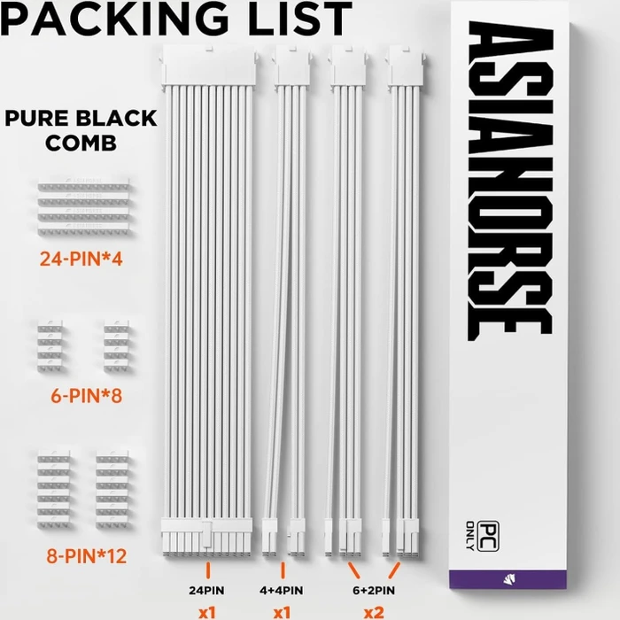 AsiaHorse GPU/CPU Cable Extension Kit, 1x 24-Pin, 1x 4/8-Pin ATX, 2x 8-Pin PCIe, 16AWG, Snow White, weiß, 30cm