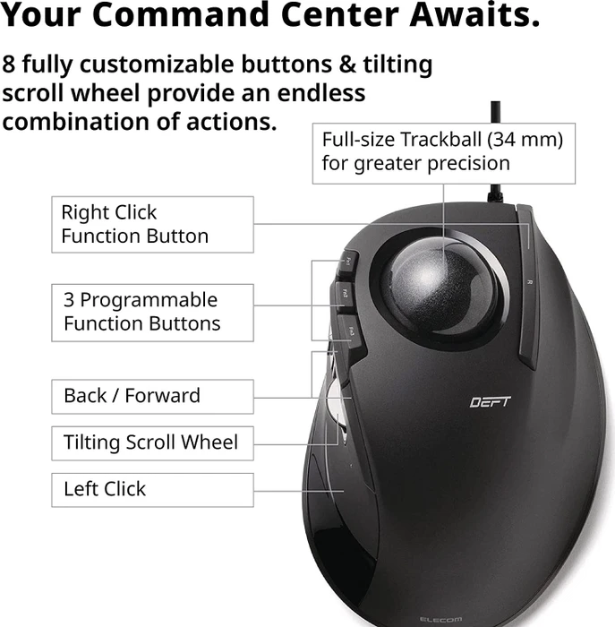 Elecom DEFT M-DT2URBK Trackball schwarz, Rechtshänder, USB-A