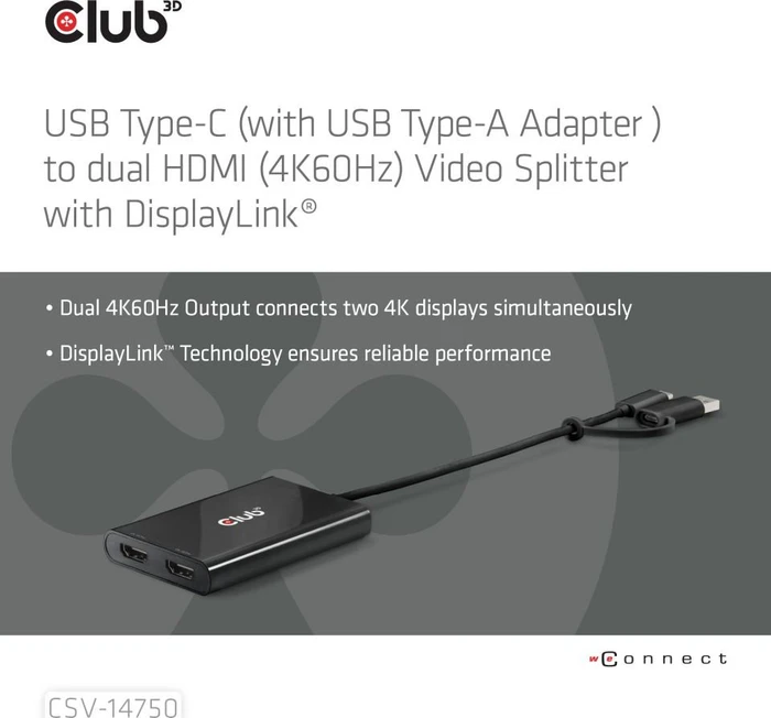 Club 3D USB-C auf dualen HDMI Videosplitter, USB-C 3.0 [Stecker], USB-A 3.0 [Stecker]