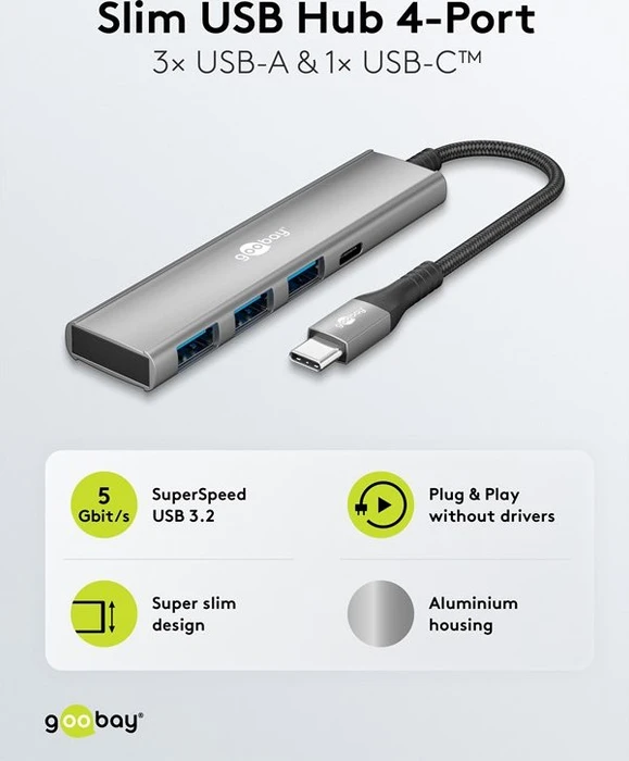 Wentronic goobay Slim 4-Port USB-Hub, 1x USB-C 3.0/3x USB-A 3.0, USB-C 3.0 [Stecker]