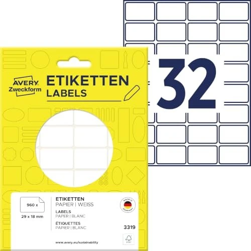 Avery-Zweckform Mini-Organisationsetiketten Sonderformat, 29x18mm, weiß, 30 Blatt (960 Etiketten)