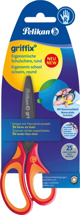 Pelikan griffix Schulschere Blisterverpackung, Universalschere, Rechtshänder, 140mm, orange/rot