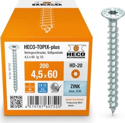 HECO TOPIX-plus verzinkt blau A3K Torx T20 Verlegeschraube, 4.5x60mm, 200 Stück