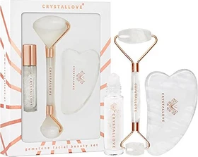 Crystallove Clear Quartz Gemstone Facial Gua Sha + Roller + Roll-On Geschenkset