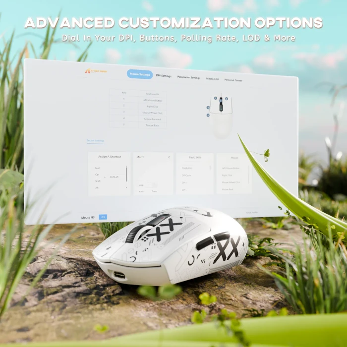 Attack Shark G3 Tri-mode Wireless Gaming Mouse, White, inkl. Grip Tape, USB/Bluetooth