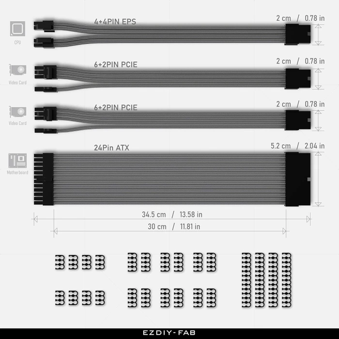 EZDIY-FAB Cable Extension Kit, 1x 24-Pin, 1x 4/8-Pin ATX, 2x 8-Pin PCIe, 18AWG, grau