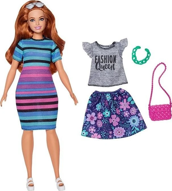 Mattel Barbie - Fashionistas im bunt gestreiften T-Shirt Kleid mit Sonnenbrille Curvy