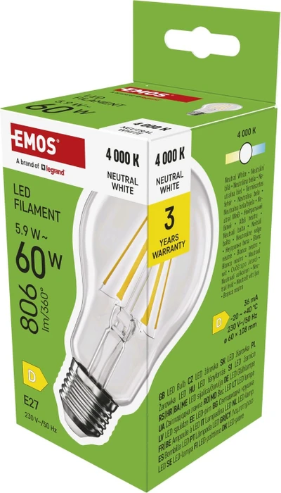 Emos LED Lampe Filament Birne A60 E27 5.9W/840