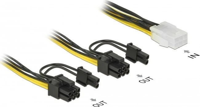 DeLOCK 6-Pin PCIe Buchse auf 2x 6/8-Pin PCIe Stecker, gelb/schwarz, Adapterkabel, 15cm