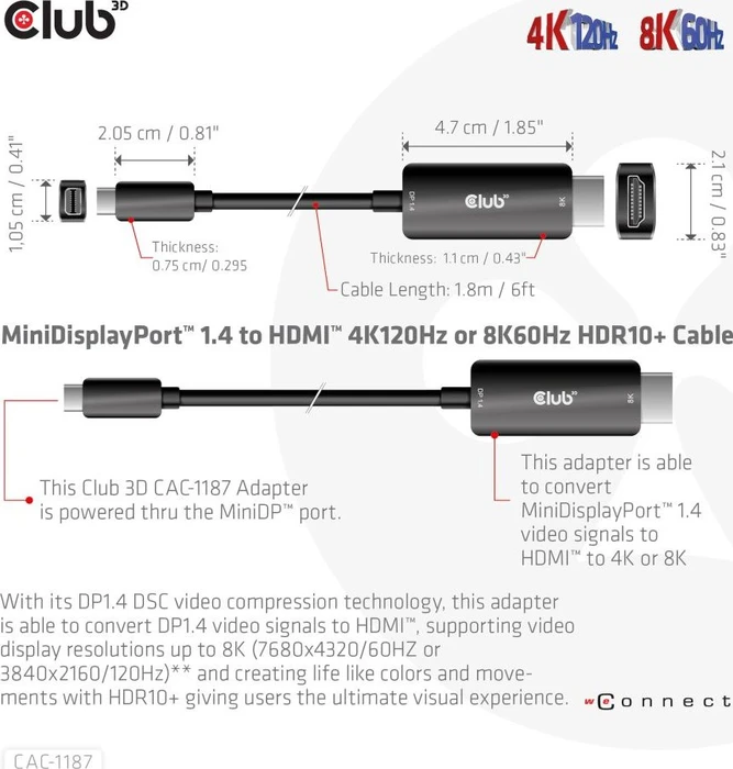 Club 3D Mini DisplayPort 1.4/HDMI 2.1 Adapterkabel schwarz, 1.80m