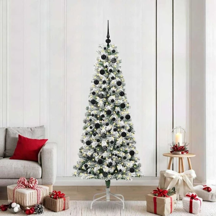 vidaXL Künstlicher Weihnachtsbaum schlank mit Schnee, 210cm, inkl. LED-Beleuchtung