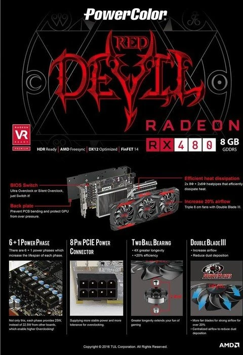 PowerColor Red Devil Radeon RX 480, 8GB GDDR5, DVI, HDMI, 3x DP