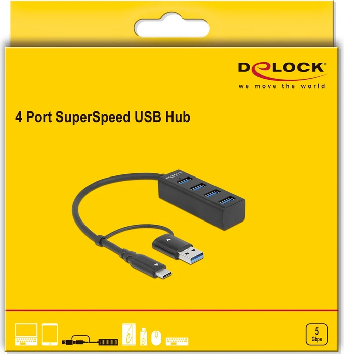 DeLOCK USB-Hub, 4x USB-A 3.0, USB-C/USB-A 3.0 [Stecker]