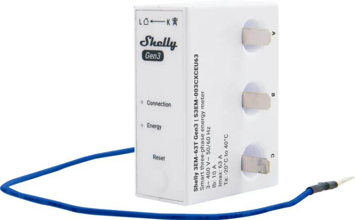 Shelly 3EM-63T Gen3, DIN-Schienen-Stromverbrauchsmessgerät, 3-Phasen, 63A, Strommesssensor