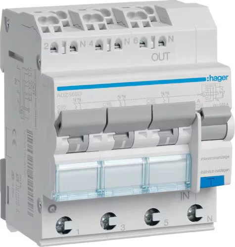Hager Fehlerstrom-Leitungsschutzschalter 3X 1P+N 6kA C-16A 30mA Typ A QuickConnect