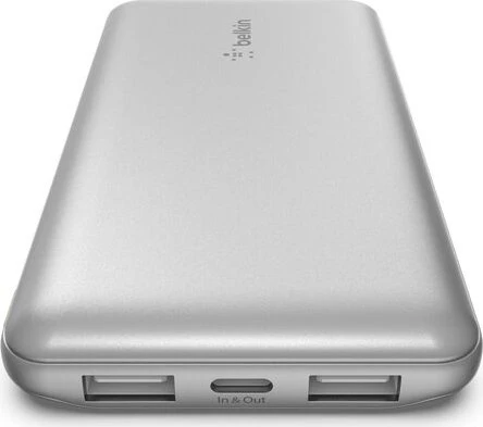 Belkin BoostCharge 3-Port Power Bank 10K + USB-A/USB-C Cable silber