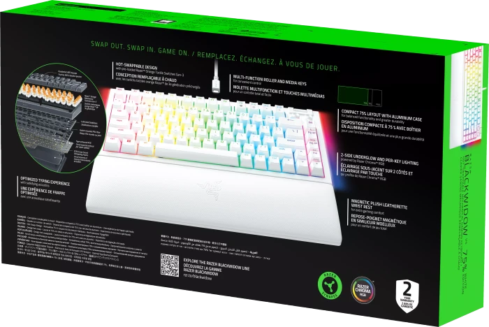 Razer BlackWidow V4 75%, White, hot-swap, Razer ORANGE Tactile Gen-3, USB, US