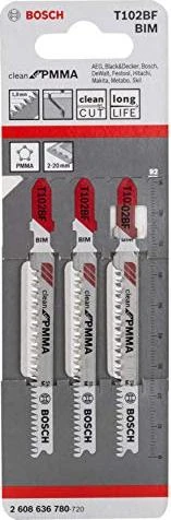 Bosch Professional T102BF BIM Clean for PMMA Stichsägeblatt, 92mm, 3 Stück