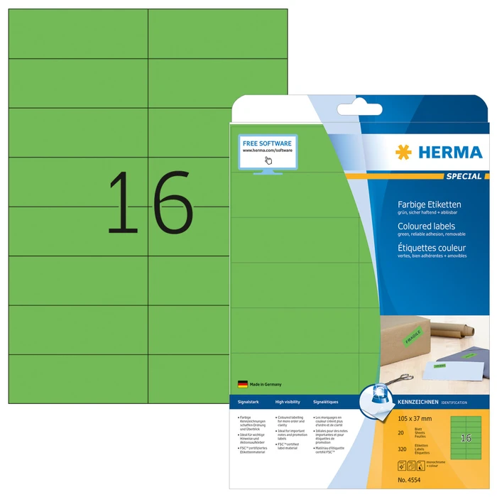 Herma Etiketten, 105x37mm, ablösbar, grün, 20 Blatt (320 Etiketten)