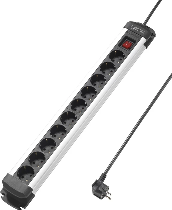 Sygonix Steckdosenleiste mit Schalter, 10-fach, 1.4m, schwarz/silber