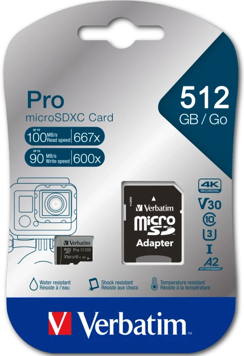 Verbatim Pro U3 R100/W90 512GB Kit, UHS-I U3, A2, Class 10