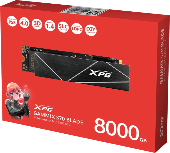 ADATA XPG Gammix S70 Blade 8TB, M.2 2280 / M-Key / PCIe 4.0 x4, Kühlkörper