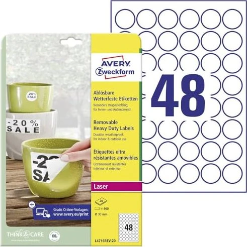 Avery-Zweckform Folienetiketten rund, 30mm, ablösbar, wetterfest, weiß, 20 Blatt (960 Etiketten)