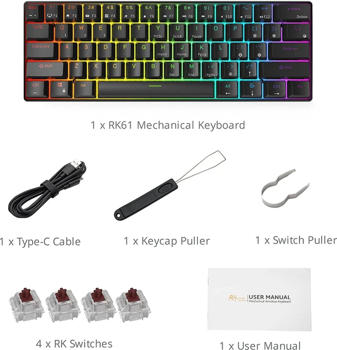 RK Royal Kludge RK61 60% Wireless, schwarz, LEDs RGB, hot-swap, RK RED, USB/Bluetooth, US