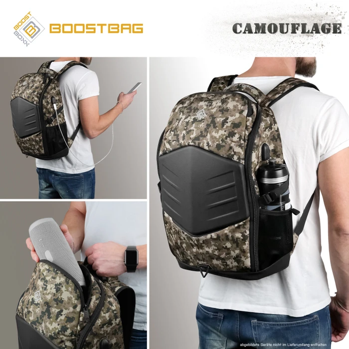 BoostBoxx BoostBag Notebook-Rucksack 17.3", Anti-Theft-Backpack, Camouflage