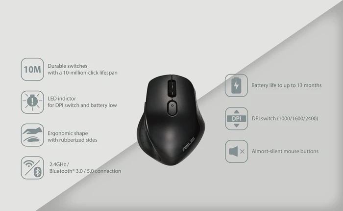 ASUS MW203 Multi-Device Wireless Silent Mouse, schwarz, USB/Bluetooth