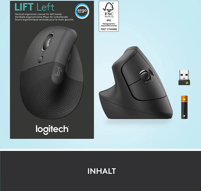 Logitech Lift Left Vertical Ergonomic Mouse, Graphite, Linkshänder, Logi Bolt, USB/Bluetooth