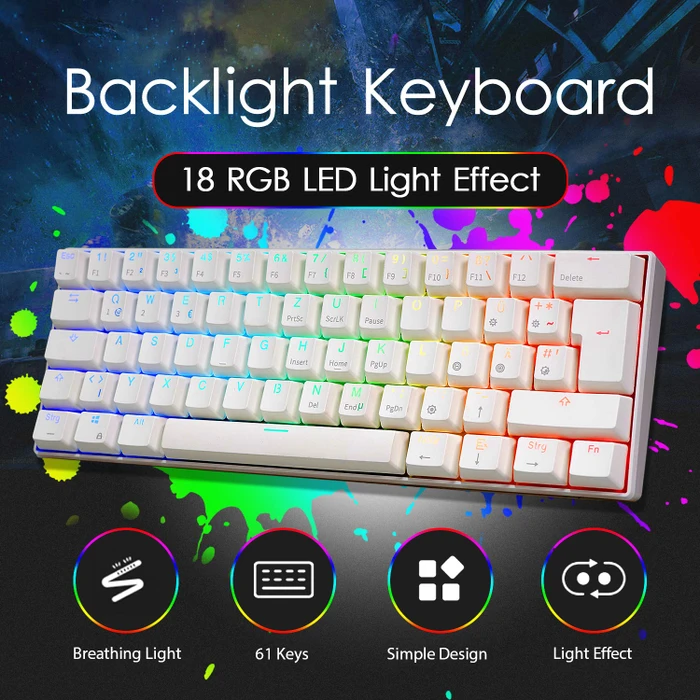 RK Royal Kludge RK61 60% Wireless, weiß, LEDs RGB, Gateron BLUE, USB/Bluetooth, DE