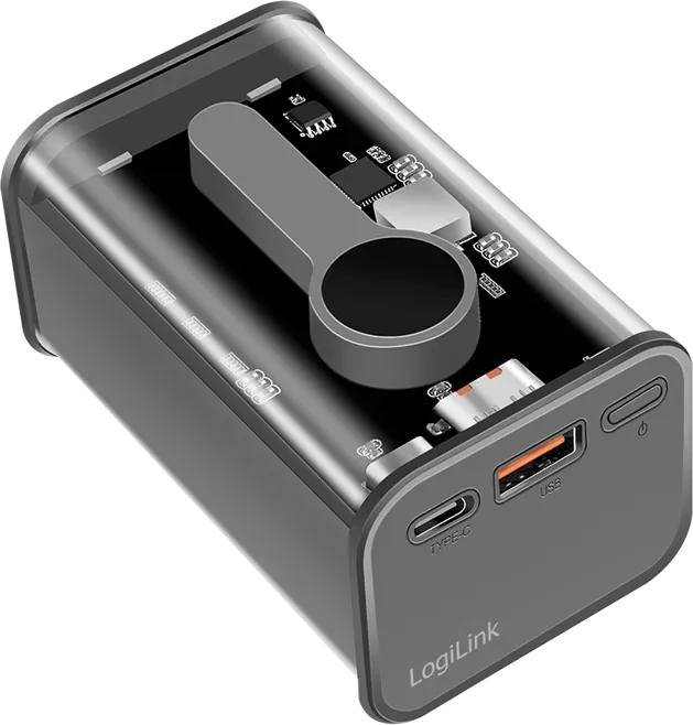 LogiLink Powerbank 10000mAh 1x USB-A 1x USB-C mit Display PD & QC transparent