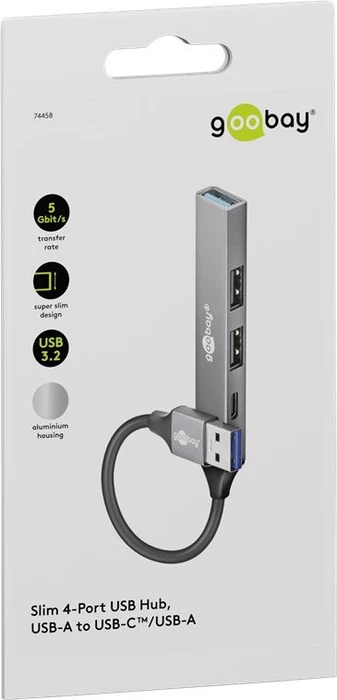 Wentronic goobay Slim 4-Port USB-Hub, 1x USB-A 3.0/1x USB-C 2.0/2x USB-A 2.0, USB-A 3.0 [Stecker]