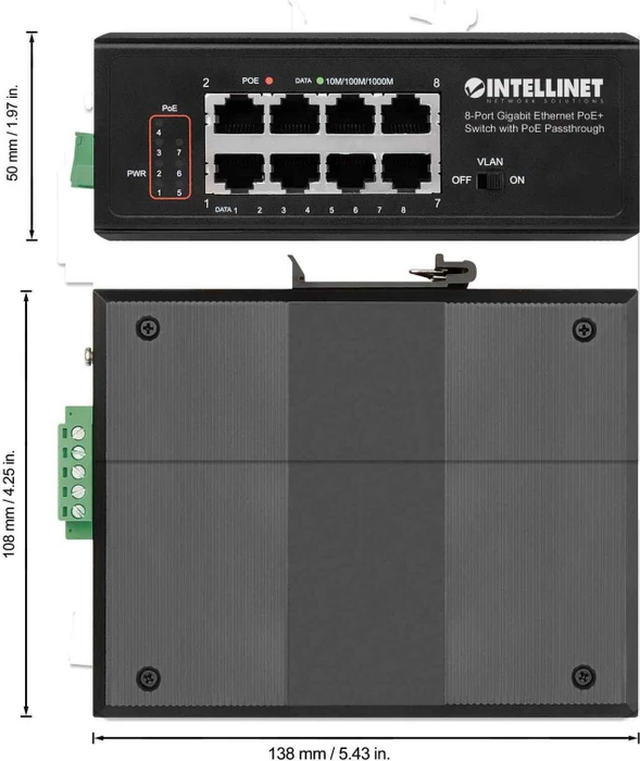 Intellinet Railmount Gigabit Switch, 8x RJ-45, 120W PoE+