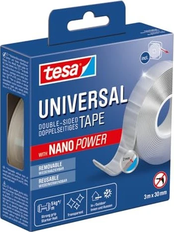 tesa Universal doppelseitiges Klebeband Nano Power transparent, 30mm/3m, 1 Stück