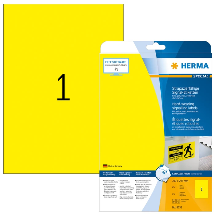 Herma Folienetiketten, A4, wetterfest, gelb, matt, 25 Blatt (25 Etiketten)