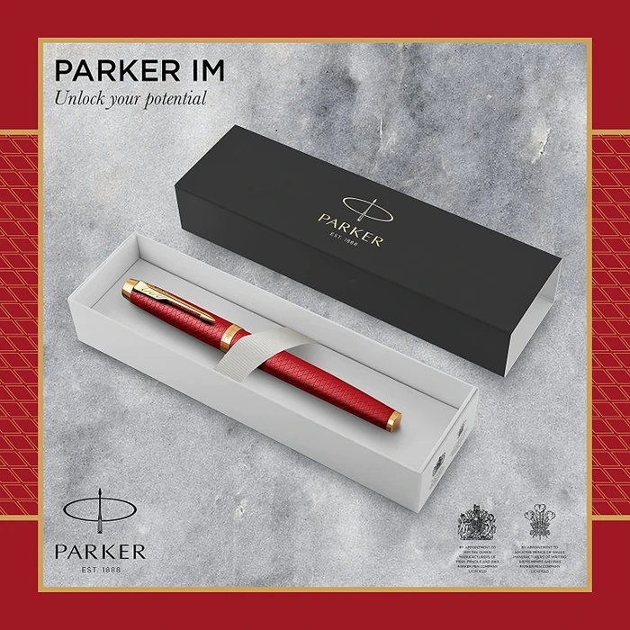 Parker IM Premium red lacquer/gold trim, rechte Hand, fein, Geschenkbox